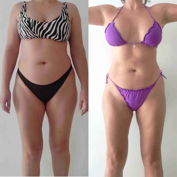 En tres meses, perdió 10 kg de grasa y ganó 3 kg de músculo, logrando un cuerpo definido y marcado, además de eliminar gran parte de la distensión abdominal que tenía al inicio.
