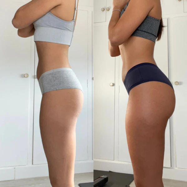 Sin cambios en el peso total, redujo 3 kg de grasa y ganó 3 kg de músculo, enfocándose especialmente en potenciar la zona de los glúteos, que era su objetivo principal.